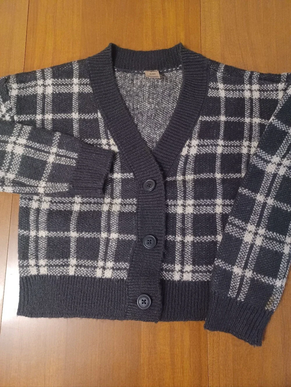 OshKosh B'Gosh Plaid Cardigan Sweater Girls 8/8A Black White Button V-Neck